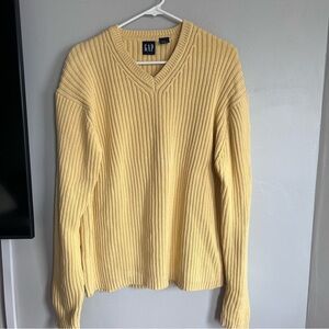 Vintage‎ Y2K Gap Vneck Ribbed Chunky Knit Sweater Butter Yellow Cotton XL
